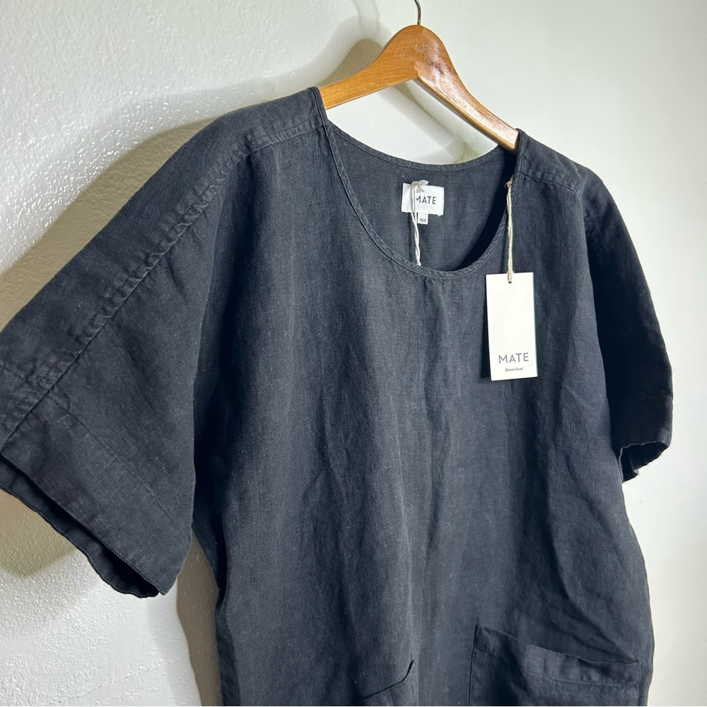 NWT MATE The Label 100% Organic Linen Black Tunic Short Sleeve Midi Dress - Picture 3 of 16